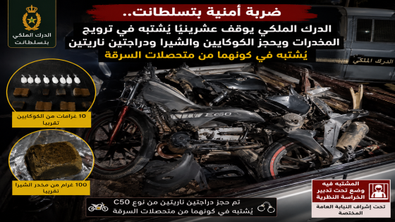 ضربة أمنية بتسلطانت.. الدرك الملكي يوقف عشرينيًا يُشتبه في ترويجه للمخدرات ويحجز الكوكايين والشيرا ودراجتين ناريتين يُشتبه في كونهما من متحصلات السرقة