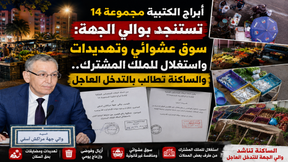 أبراج الكتبية تستنجد بوالي الجهة: سوق عشوائي وتهديدات واستغلال للملك المشترك.. والساكنة تطالب بالتدخل العاجل